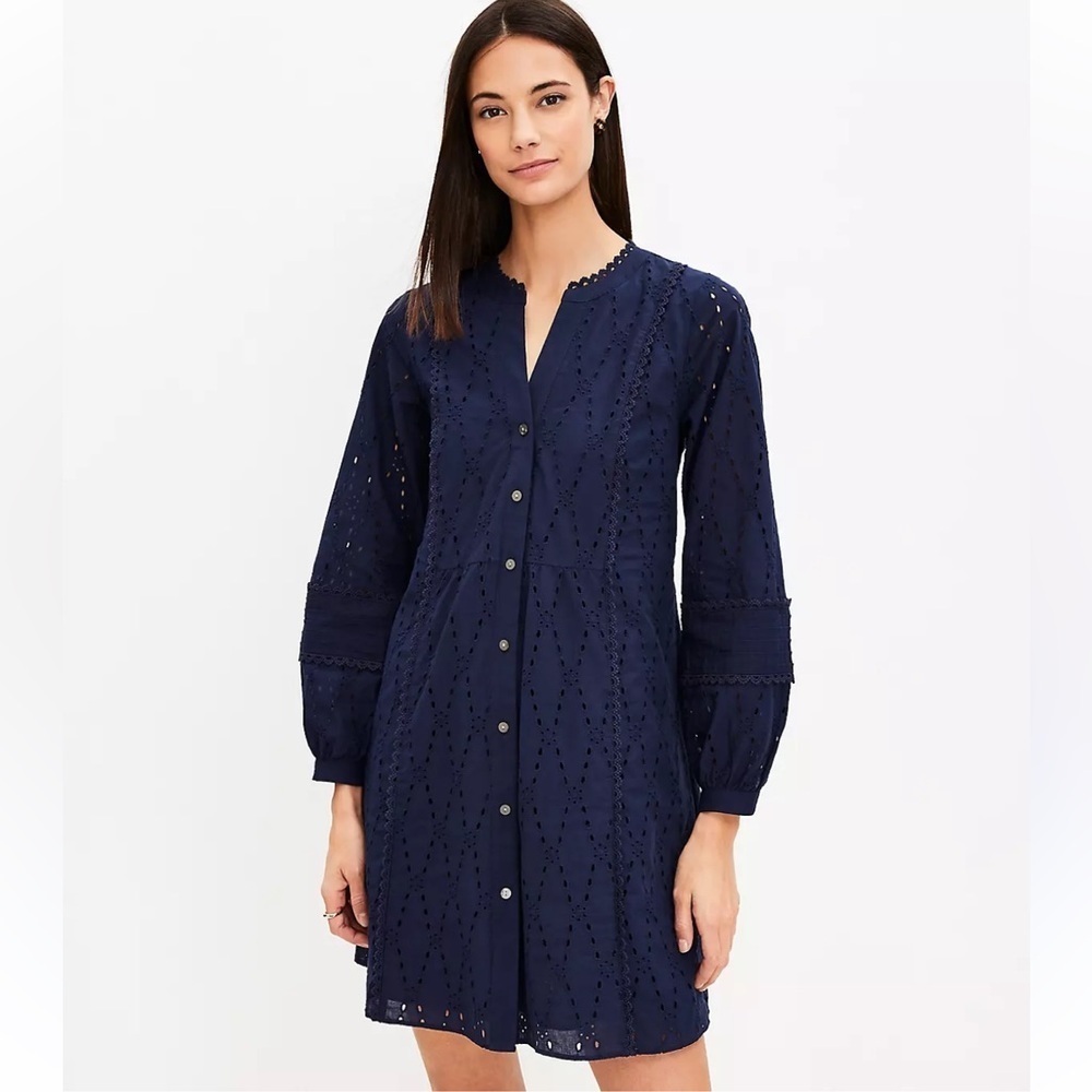 Loft Navy Eyelet Lace Trim Swing Dress, sz small
